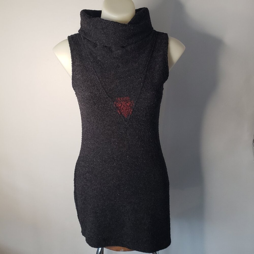 Grey Textured Sleeveless High Neck Asymmetrical IZM Dress w Side Slit